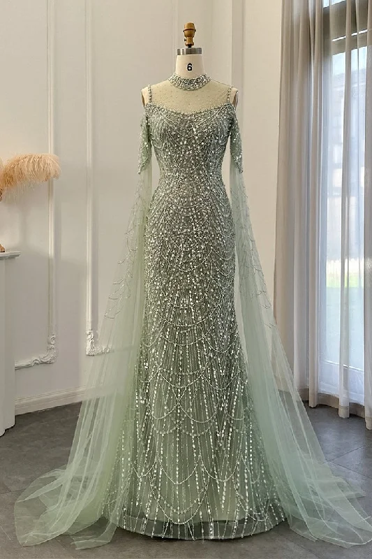 Classy High Neck Pearls Prom Dress Mermaid Long With Ruffle