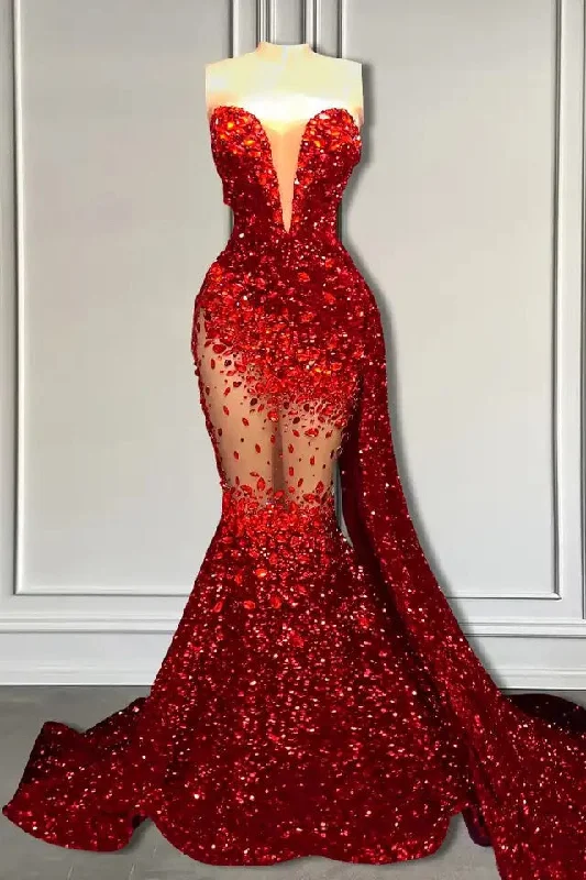 Red Mermaid Style Formal Dresses with Sweetheart Sequins and Ruffle