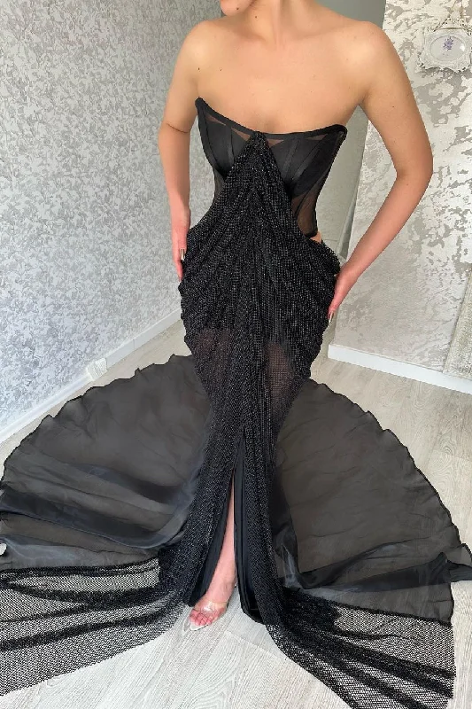 Elegant Long Black Strapless Split Front Prom Dresses