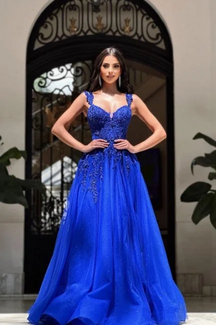 Royal Long Blue Sleeveless Prom Dresses A-line Lace Formal Wears