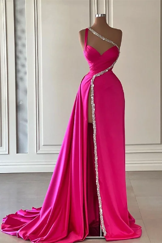 Chic Long Fuchsia One Shoulder Jewels Sleeveless Prom Dresses With Split