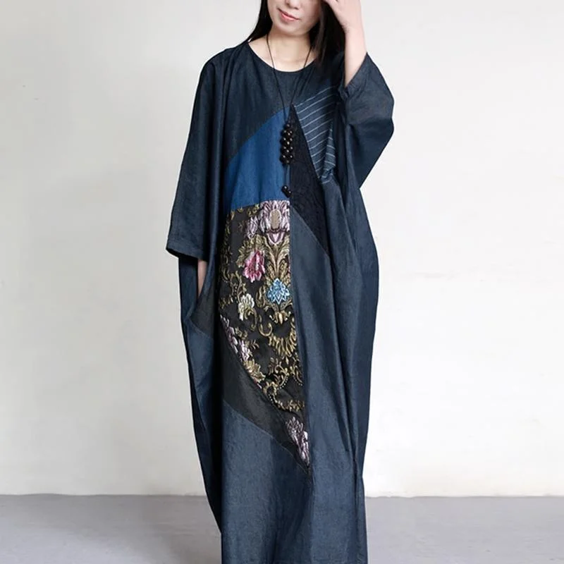 2022 original embroidery denim blue cotton dresses plus size patchwork batwing sleeve maxi dress Stylish Pleated A-Line Maxi Dress 2022 original embroidery denim blue cotton dresses plus size patchwork batwing sleeve maxi dress Stylish Pleated A-Line Maxi Dress