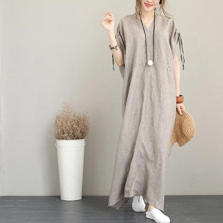 2022 Gray Natural Linen Dress Plus Size Clothing V-Neck Tie Waist Caftans Vintage Short Sleeve Side Open Maxi Dresses Comfortable Ruffle Maxi Dress 2022 Gray Natural Linen Dress Plus Size Clothing V-Neck Tie Waist Caftans Vintage Short Sleeve Side Open Maxi Dresses Comfortable Ruffle Maxi Dress