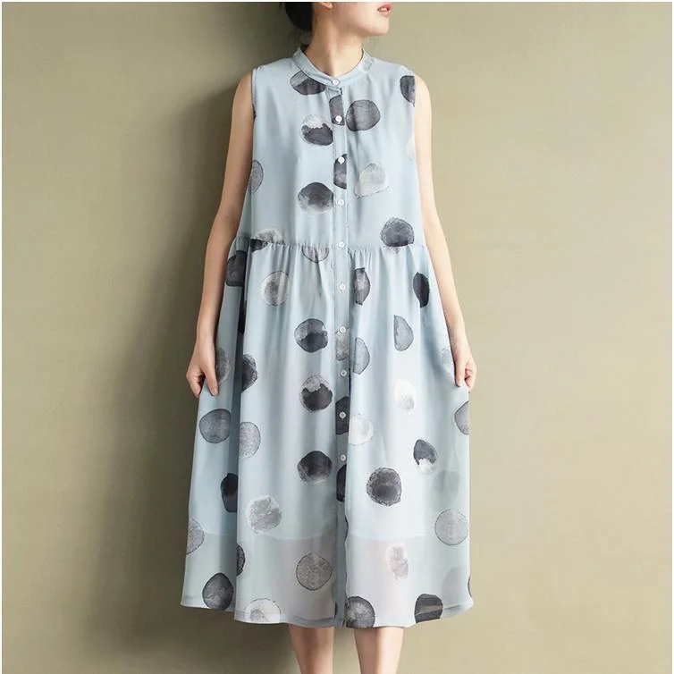 2021 New Blue Dotted Print Chiffon Sundress Plus Size Casual Shirts Dresses Sleeveless Maxi Dress Elegant Maxi Dress with Belt 2021 New Blue Dotted Print Chiffon Sundress Plus Size Casual Shirts Dresses Sleeveless Maxi Dress Elegant Maxi Dress with Belt