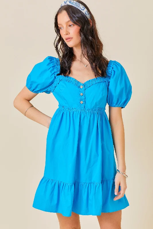 Aqua Puff Sleeve Ruffle Accent Mini Dress