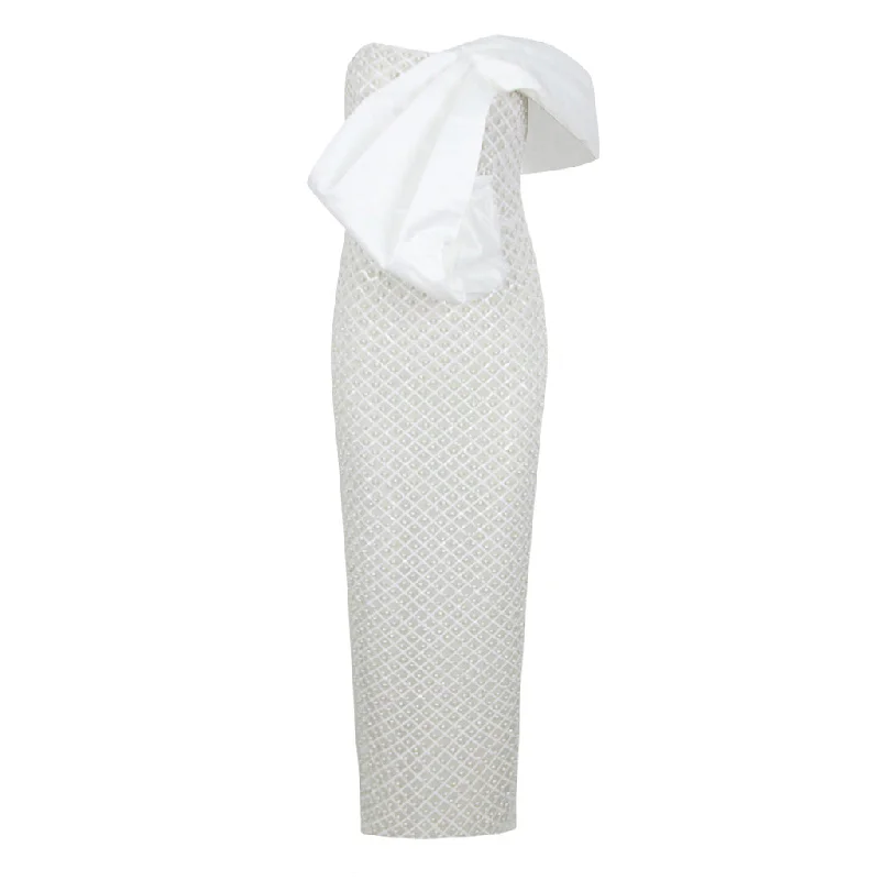 Asymmetrical Gathered Bow Bodycon Pearl Sequin Mesh Strapless Maxi Dress Stylish Boho Chic Maxi Dress Asymmetrical Gathered Bow Bodycon Pearl Sequin Mesh Strapless Maxi Dress Stylish Boho Chic Maxi Dress