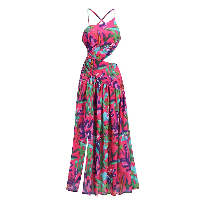 Asymmetrical Gathered Cutout Floral Print High Split Backless Slip Maxi Dress Chic Boho Print Maxi Dress Asymmetrical Gathered Cutout Floral Print High Split Backless Slip Maxi Dress Chic Boho Print Maxi Dress