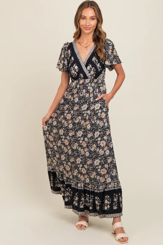 Black Floral Border Printed Woven Short Sleeve V-Neck Maxi Dress Elegant Silk Maxi Dress Black Floral Border Printed Woven Short Sleeve V-Neck Maxi Dress Elegant Silk Maxi Dress