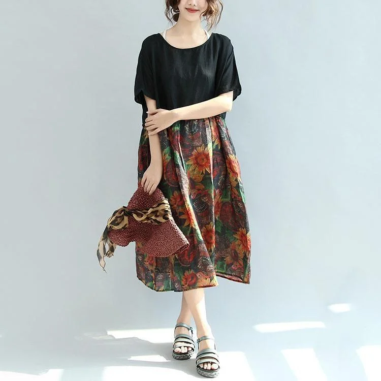 Black Patchwork Print Linen Dresses Oversize Casual Sundress Short Sleeve Maxi Dress Elegant Maxi Dress with Lace Black Patchwork Print Linen Dresses Oversize Casual Sundress Short Sleeve Maxi Dress Elegant Maxi Dress with Lace