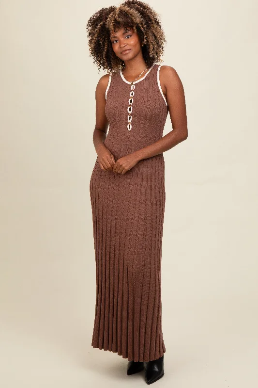 Brown Ribbed Knit Button Detail Sleeveless Maxi Dress Stylish One-Shoulder Maxi Dress Brown Ribbed Knit Button Detail Sleeveless Maxi Dress Stylish One-Shoulder Maxi Dress