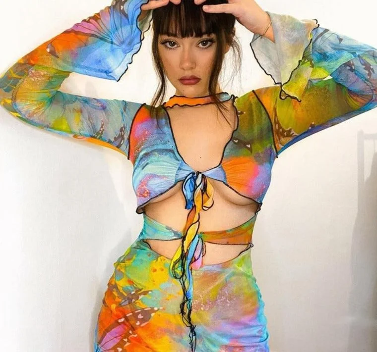 Butterfly Tie Dye Mesh Hollow Chest & Belly Mini Dresses