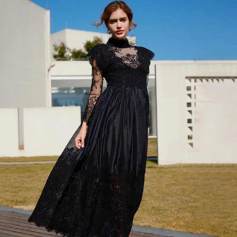 Classy Sheer Floral Lace Mock Neck Long Sleeve A Line Gown Maxi Dress Chic Sleeveless Maxi Dress Classy Sheer Floral Lace Mock Neck Long Sleeve A Line Gown Maxi Dress Chic Sleeveless Maxi Dress