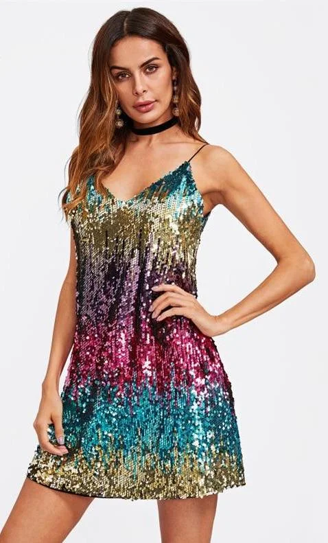 Colorful Sequin Sleeveless V Neck Loose Mini Dress