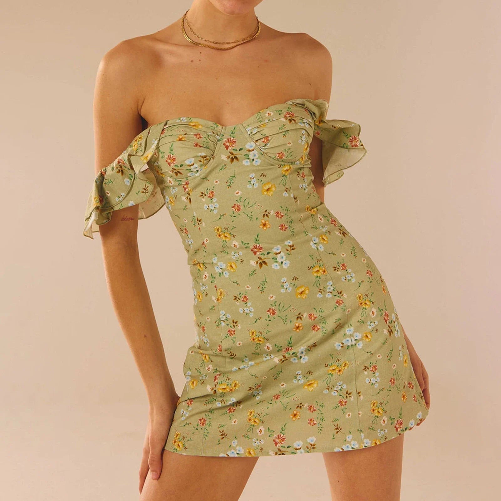 Women's Off Shoulder Sleeveless Floral Print Ruffle Trim Slim Fit Mini Dress Trendy Mesh Mini Dress Women's Off Shoulder Sleeveless Floral Print Ruffle Trim Slim Fit Mini Dress Trendy Mesh Mini Dress