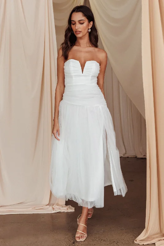 Daphnie Drop Waist Tulle Midi Dress White Chic Floral Print Midi Dress