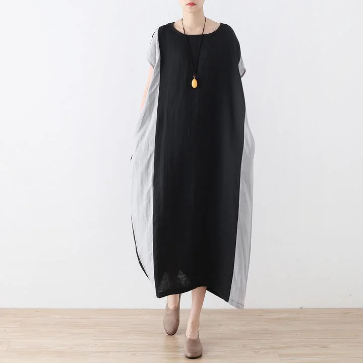 Fashion Black Linen Dresses Plus Size Clothing Patchwork Color Maxi Dress Vintage Short Sleeve Gown Elegant Boho Maxi Dress Fashion Black Linen Dresses Plus Size Clothing Patchwork Color Maxi Dress Vintage Short Sleeve Gown Elegant Boho Maxi Dress