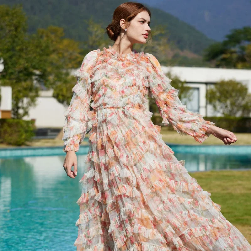 French Style Crew Neck 3/4 Sleeve A Line Printed Floral Tulle Ruffle Maxi Dress Comfortable Maxi Dress with Belt French Style Crew Neck 3/4 Sleeve A Line Printed Floral Tulle Ruffle Maxi Dress Comfortable Maxi Dress with Belt