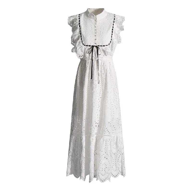 French Style Mock Neck Ruffle Bow Tie Broderie Anglaise Sleeveless Maxi Dress Stylish Long Sleeve Maxi Dress French Style Mock Neck Ruffle Bow Tie Broderie Anglaise Sleeveless Maxi Dress Stylish Long Sleeve Maxi Dress