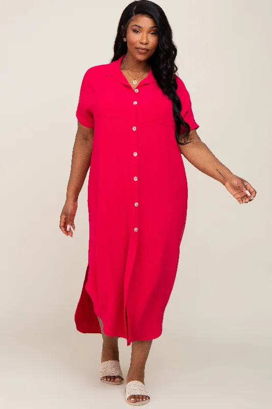 Fuchsia Button Down Hi Low Plus Maxi Dress Comfortable Ruffle Maxi Dress