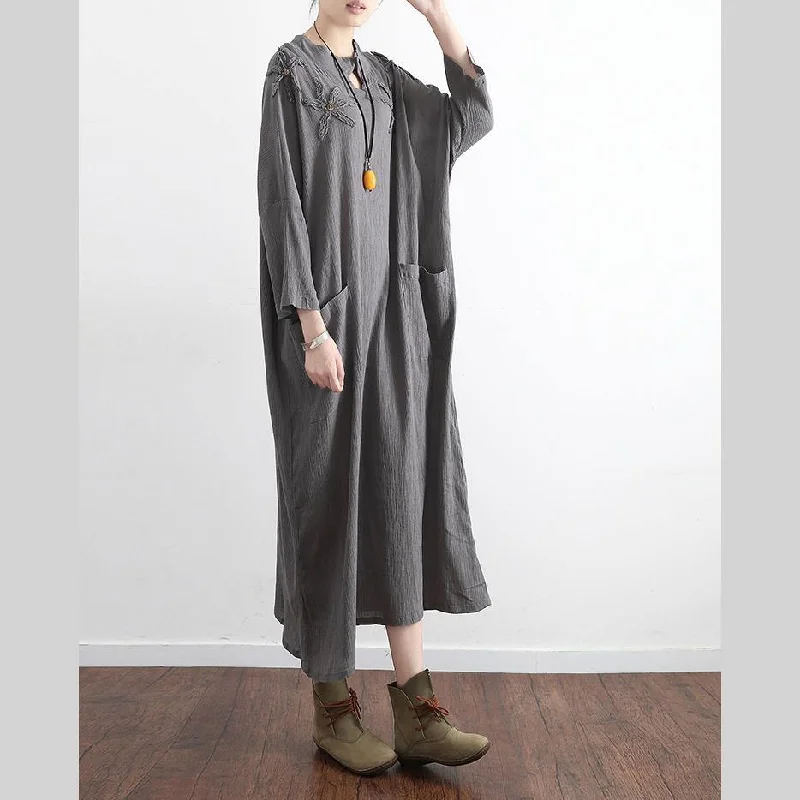 gray casual stylish linen dress pockets long sleeve sundress embroidery vintage maxi dress Stylish Pleated A-Line Maxi Dress gray casual stylish linen dress pockets long sleeve sundress embroidery vintage maxi dress Stylish Pleated A-Line Maxi Dress