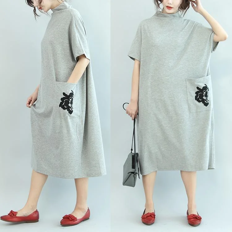 Gray Casual Turtle Neck Cotton Summer Dresses Pockets Embroidery Oversize Sundress Short Sleeve Maxi Dress Comfortable Fitted Maxi Dress Gray Casual Turtle Neck Cotton Summer Dresses Pockets Embroidery Oversize Sundress Short Sleeve Maxi Dress Comfortable Fitted Maxi Dress