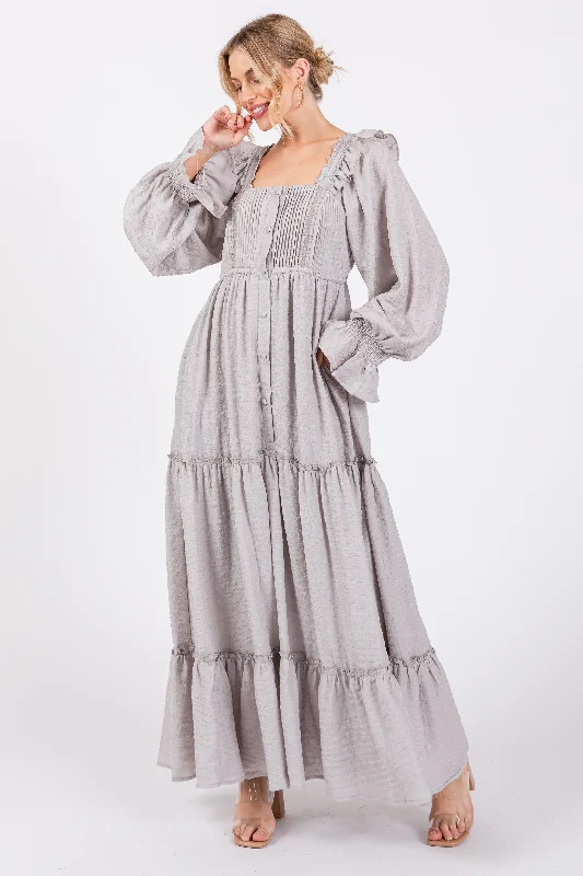 Grey Button Pleated Front Square Neck Ruffle Tiered Maxi Dress Fashionable Printed Maxi Dress Grey Button Pleated Front Square Neck Ruffle Tiered Maxi Dress Fashionable Printed Maxi Dress