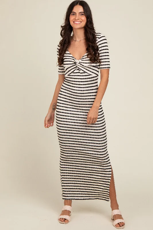 Ivory Black Striped Knit Short Sleeve Maxi Dress Fashionable Asymmetrical Maxi Dress Ivory Black Striped Knit Short Sleeve Maxi Dress Fashionable Asymmetrical Maxi Dress