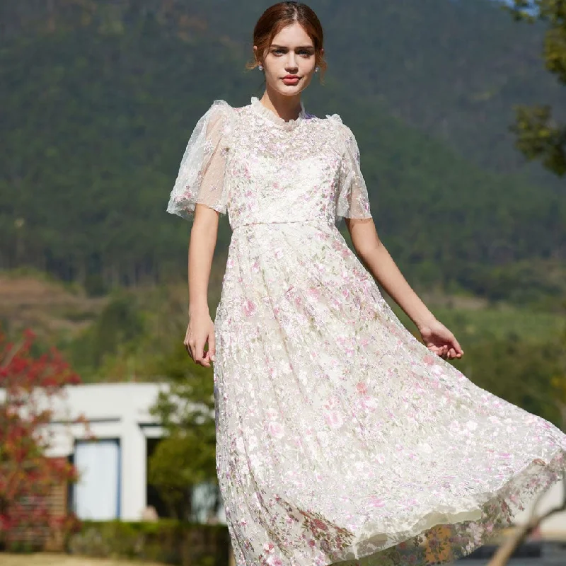 Lavish Short Sleeve Frill Neck A Line Summer Embroidered Floral Tulle Maxi Dress Chic Off-Shoulder Maxi Dress Lavish Short Sleeve Frill Neck A Line Summer Embroidered Floral Tulle Maxi Dress Chic Off-Shoulder Maxi Dress