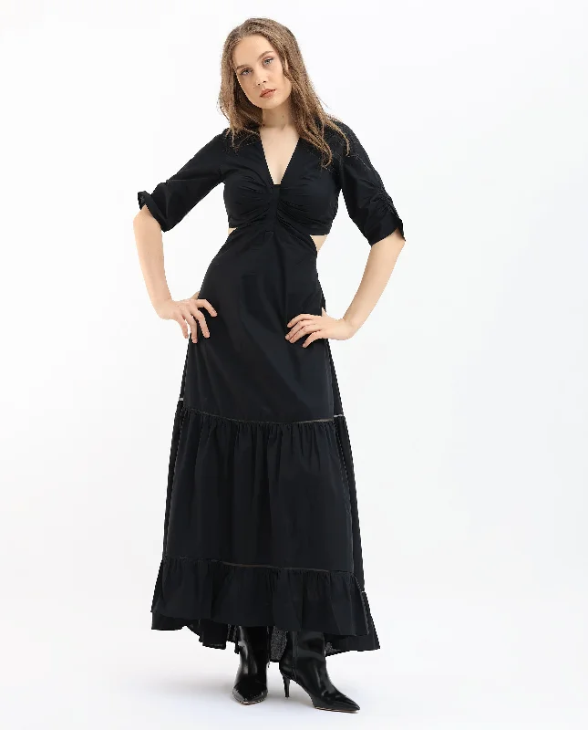 Rareism Women Lesman Black Cotton Fabric Short Sleeves V-Neck Puff Sleeve Fit And Flare Plain Maxi Dress Fashionable Layered Maxi Dress Rareism Women Lesman Black Cotton Fabric Short Sleeves V-Neck Puff Sleeve Fit And Flare Plain Maxi Dress Fashionable Layered Maxi Dress