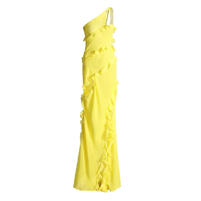Luxe One Shoulder Split Cutout Layered Ruffled Chiffon Evening Maxi Dress Fashionable Asymmetrical Maxi Dress Luxe One Shoulder Split Cutout Layered Ruffled Chiffon Evening Maxi Dress Fashionable Asymmetrical Maxi Dress