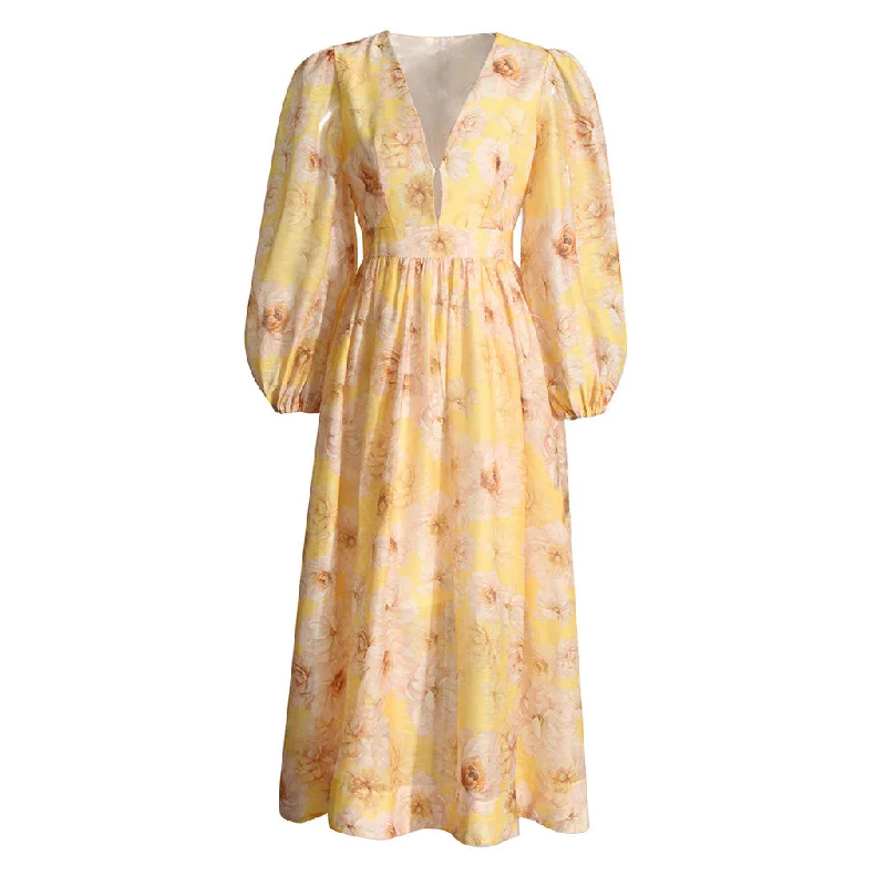 Luxurious Floral Print Deep V Blouson Sleeve Gathered Vacation Maxi Dress Comfortable Plunging Neckline Maxi Dress Luxurious Floral Print Deep V Blouson Sleeve Gathered Vacation Maxi Dress Comfortable Plunging Neckline Maxi Dress