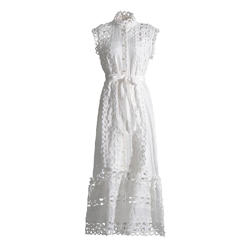Luxury Mock Neck Sleeveless Buttoned Scalloped Guipure Lace Maxi Dress Fashionable Chiffon Tiered Maxi Dress Luxury Mock Neck Sleeveless Buttoned Scalloped Guipure Lace Maxi Dress Fashionable Chiffon Tiered Maxi Dress