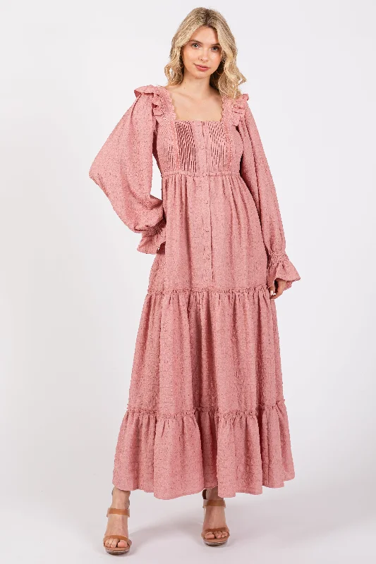 Mauve Button Pleated Front Square Neck Ruffle Tiered Maxi Dress Trendy Ruffled Maxi Dress Mauve Button Pleated Front Square Neck Ruffle Tiered Maxi Dress Trendy Ruffled Maxi Dress