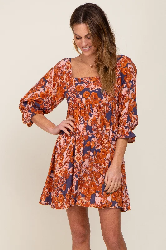 Navy Rust Floral Puff Sleeve Mini Dress