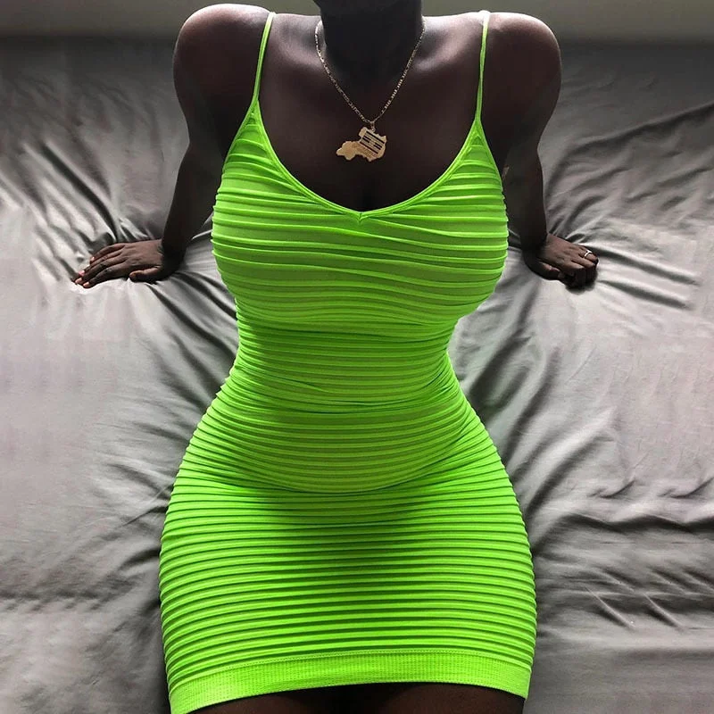 Neon Ruched Spaghetti Strap Mini Dress