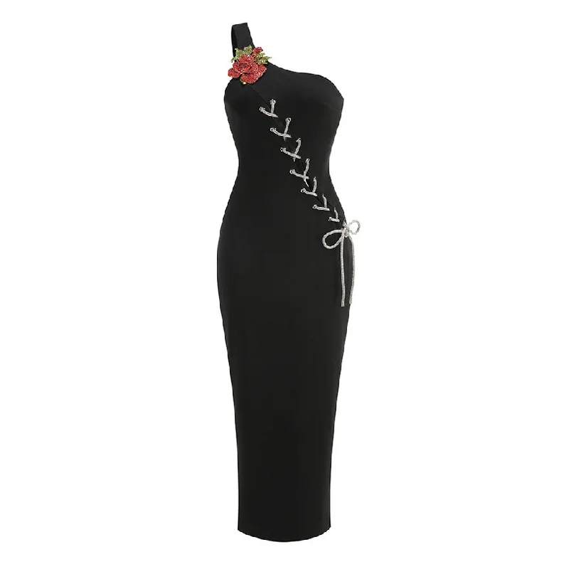 Opulent Crystal Rose Brooch Lace Up Cutout Sleeveless One Shoulder Maxi Dress Classic A-Line Maxi Dress Opulent Crystal Rose Brooch Lace Up Cutout Sleeveless One Shoulder Maxi Dress Classic A-Line Maxi Dress