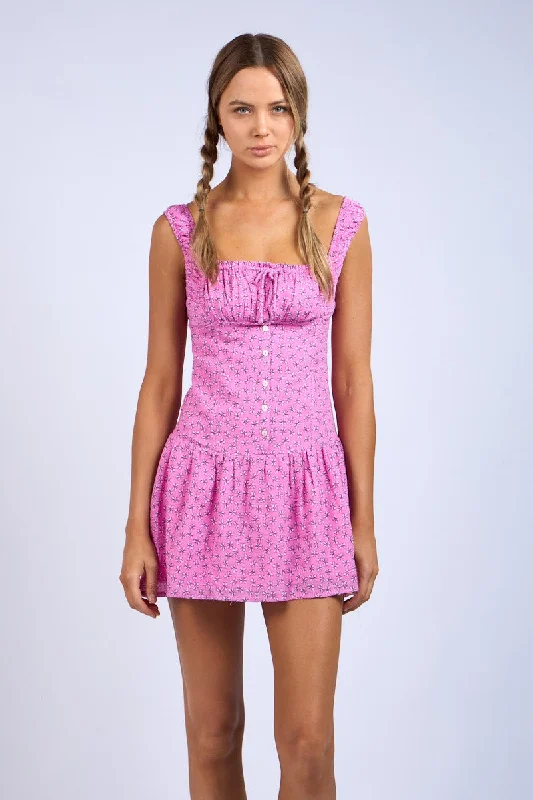 Pink Floral Pattern Ruched Bust Wide Strap Mini Dress