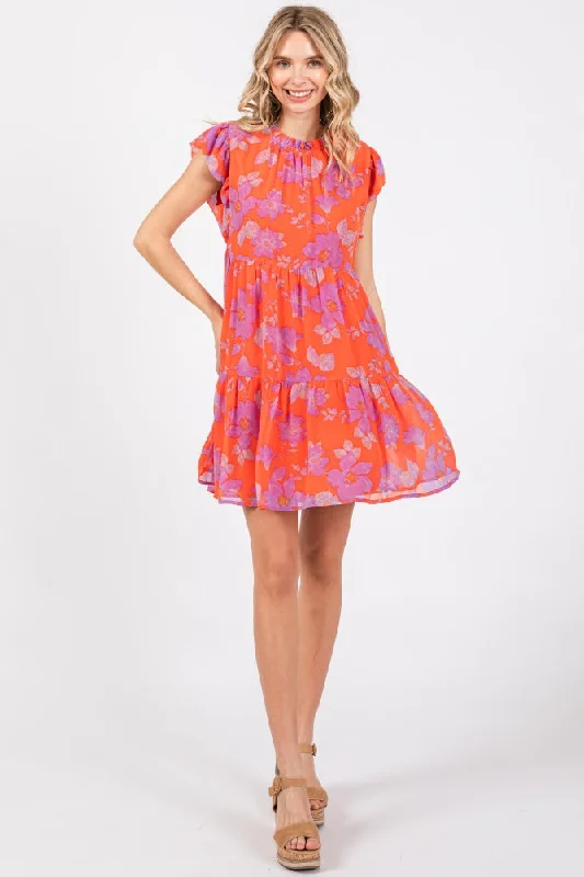 Red Orange Floral Tiered Mini Dress