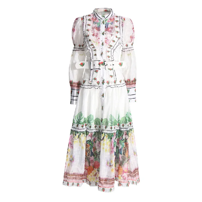 Regal High Neck Button Up Balloon Sleeve Belted Ruffle Floral Printed Maxi Dress Fashionable Maxi Dress with Fringe Regal High Neck Button Up Balloon Sleeve Belted Ruffle Floral Printed Maxi Dress Fashionable Maxi Dress with Fringe