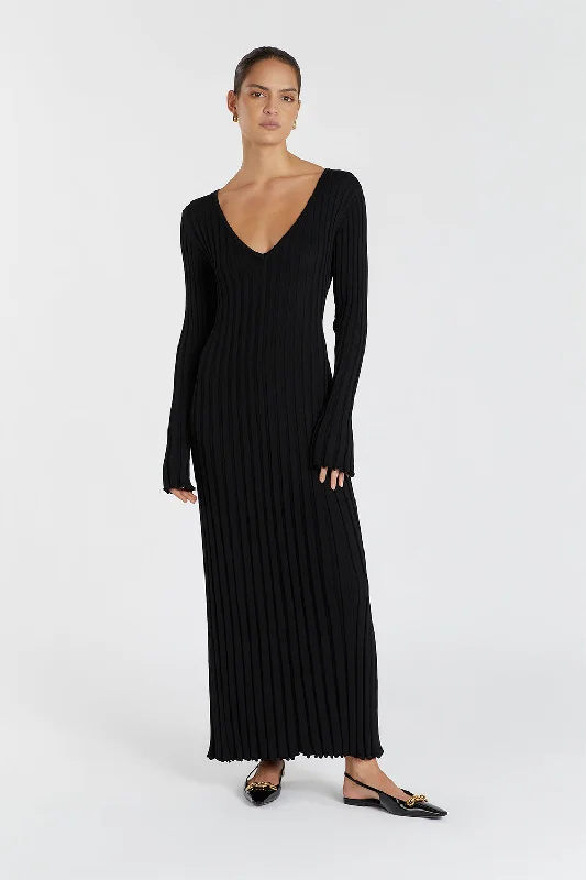REIGN BLACK SLEEVED KNIT MIDI DRESS Cozy Knit Midi Dress