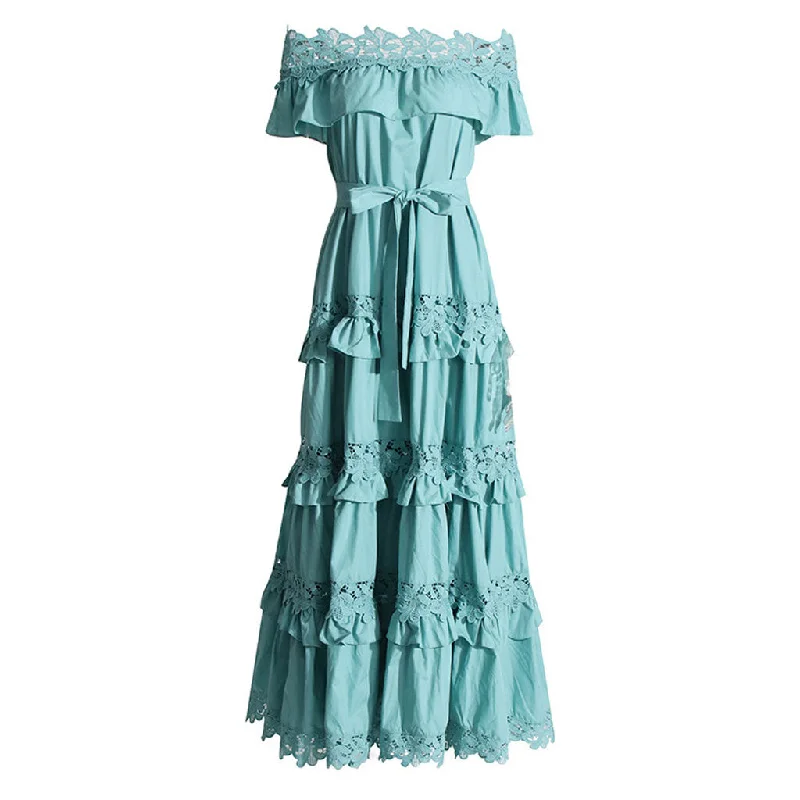 Romantic Ruffle Off Shoulder Tie Waist Guipure Lace Tiered Maxi Dress Trendy Short Sleeve Maxi Dress Romantic Ruffle Off Shoulder Tie Waist Guipure Lace Tiered Maxi Dress Trendy Short Sleeve Maxi Dress