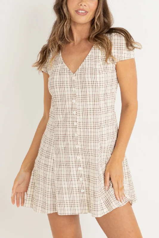 Rumi Check Cap Sleeve Mini Dress Natural Cozy A-Line Mini Dress