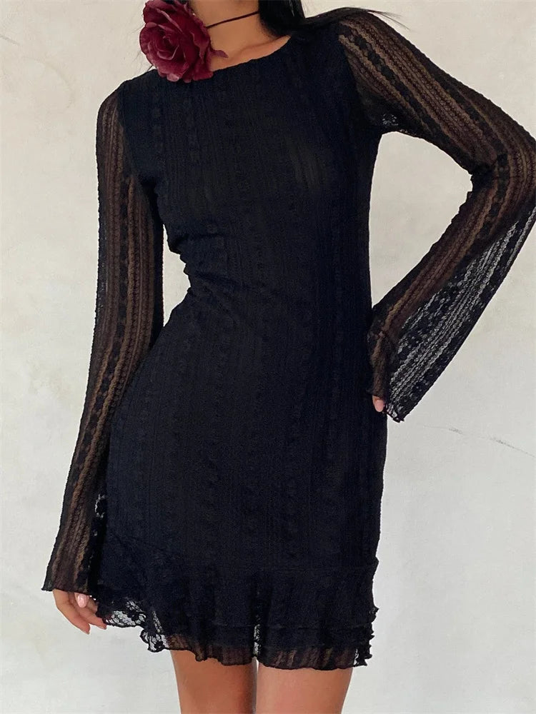 FashionSierra - Sexy Lace Party Clubwear Long Flare Sleeve Mesh See Through O-neck Mini Dress Elegant Mini Dress with Pleats FashionSierra - Sexy Lace Party Clubwear Long Flare Sleeve Mesh See Through O-neck Mini Dress Elegant Mini Dress with Pleats