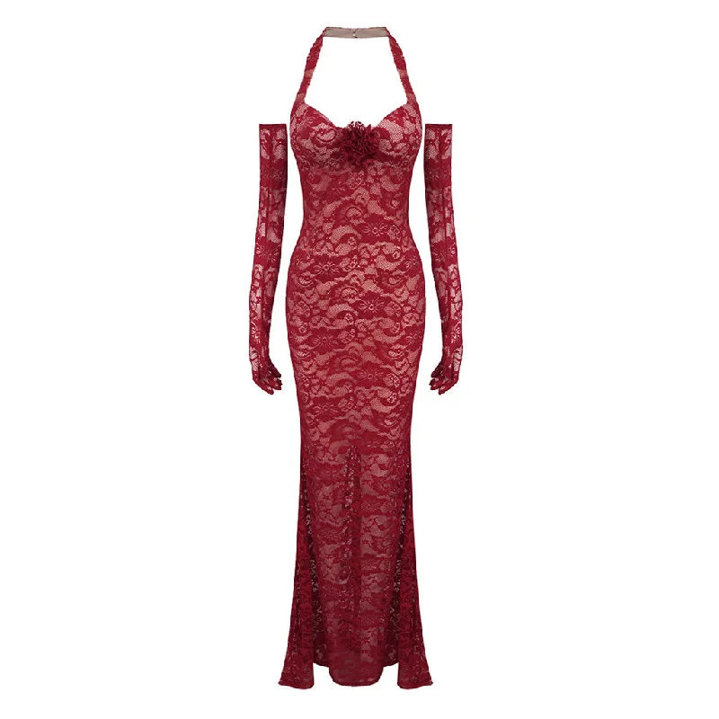 Sexy Rosette Halter Bustier Sheer Glove Lace Mermaid Gown Maxi Dress Fashionable High-Low Maxi Dress Sexy Rosette Halter Bustier Sheer Glove Lace Mermaid Gown Maxi Dress Fashionable High-Low Maxi Dress