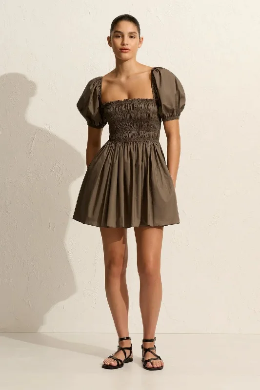 SHIRRED PEASANT MINI DRESS-BIRCH Casual Button-Up Mini Dress