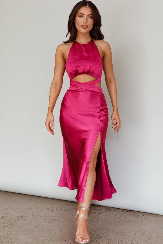 Social Butterfly Cut-Out Waist Midi Dress Fuchsia Stylish Button-Down Midi Dress