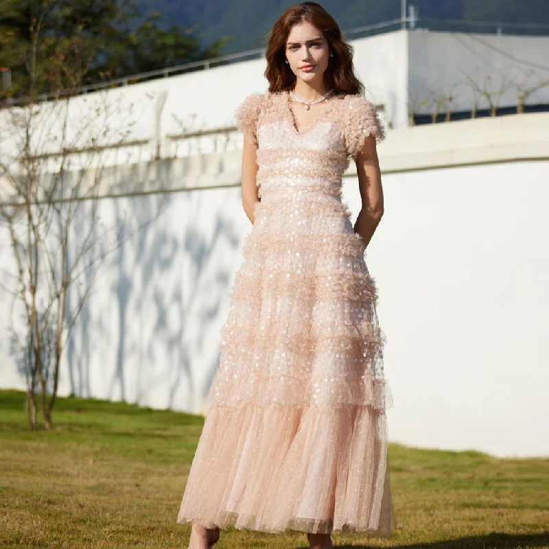 Sparkly V Neck Short Sleeve Summer Floral Sequin Tiered Ruffle Tulle Maxi Dress Trendy Maxi Dress with Belt Sparkly V Neck Short Sleeve Summer Floral Sequin Tiered Ruffle Tulle Maxi Dress Trendy Maxi Dress with Belt