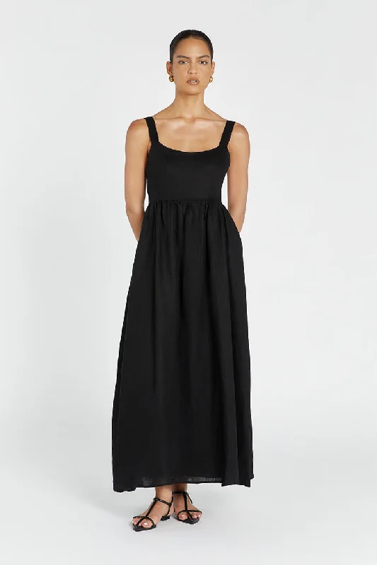 SPENCER BLACK LINEN MIDI DRESS Fashionable Sheer Sleeve Midi Dress
