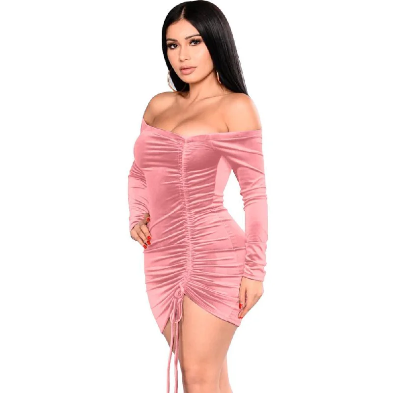 Velvet Asymmetrical Ruching Off Shoulder Sheath Mini Dresses