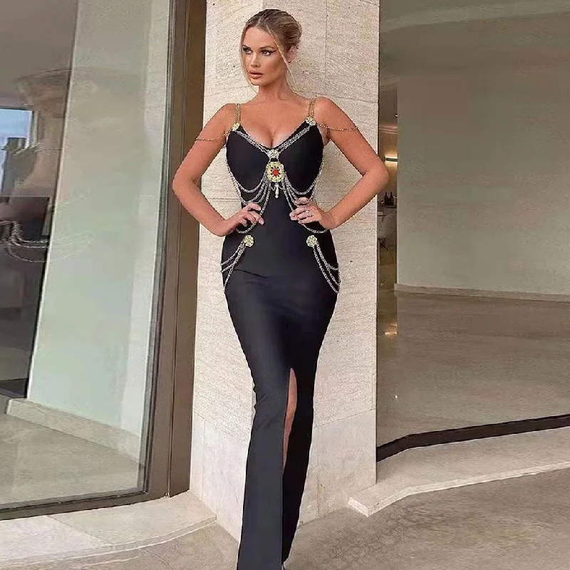 Vintage Gold Chain Strappy Deep V Evening Maxi Dress - Black Cozy Ruffle Sleeve Maxi Dress Vintage Gold Chain Strappy Deep V Evening Maxi Dress - Black Cozy Ruffle Sleeve Maxi Dress